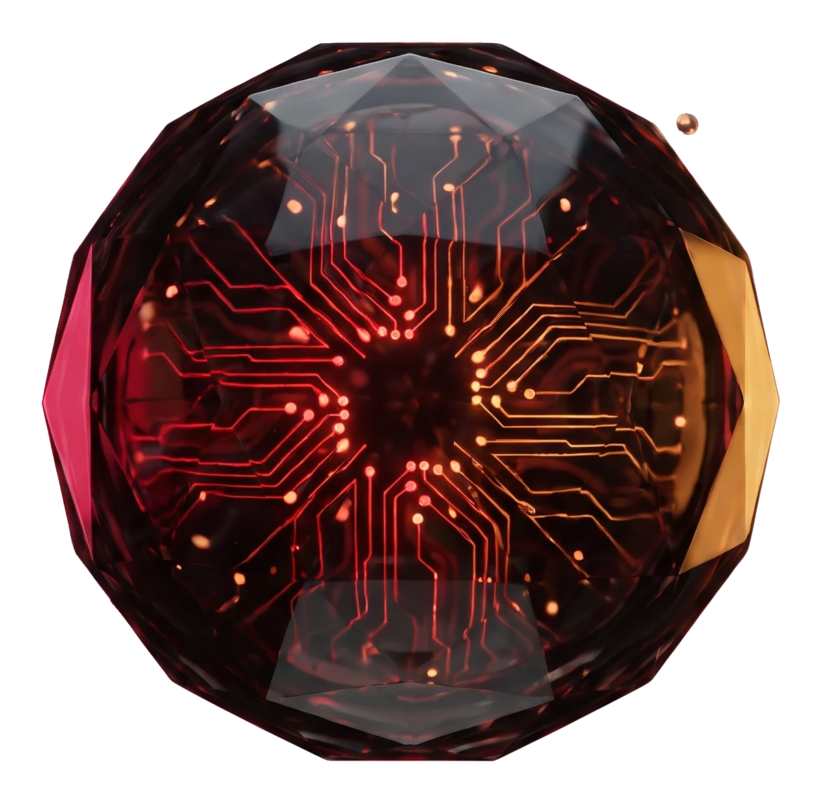 Esfera de vidro escuro com circuitos vermelhos acesos por dentro, representando a inteligência artificial