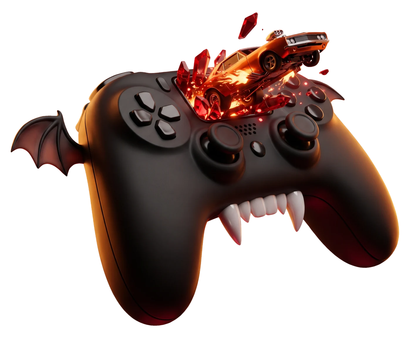Controle de videogame com presas de vampiro e um carro de arrancada saindo dele