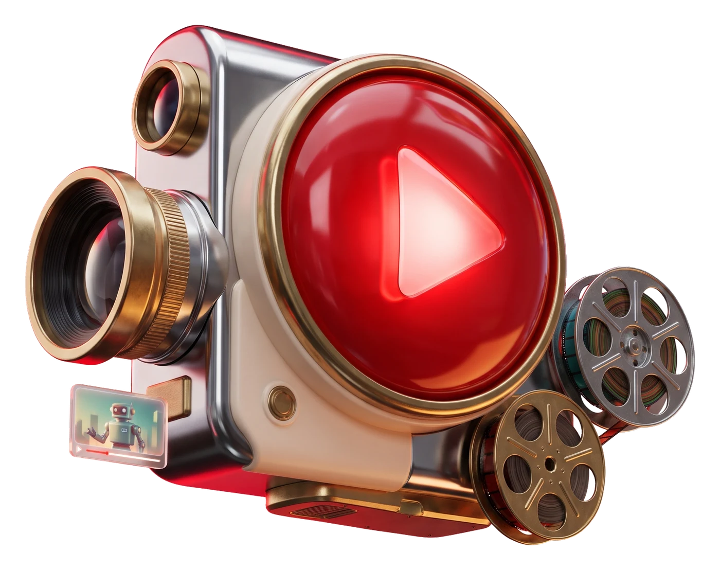 Câmera de vídeo retrô com um grande botão de play vermelho e rolos de filme flutuando